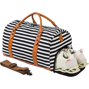 image:imageWeekender Duffel Bag Canvas Leather Weekend Overnight Travel Bag with Shoe Pouch Carry On Tote Bag with Shoe PouchBlackWhite Striped