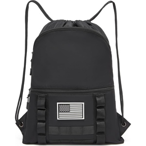 image:imageseyfocnia Drawstring Backpack Tactical String Bag with Zipper Pockets Waterproof Cinch Bag Sport Gym SackpackBlack